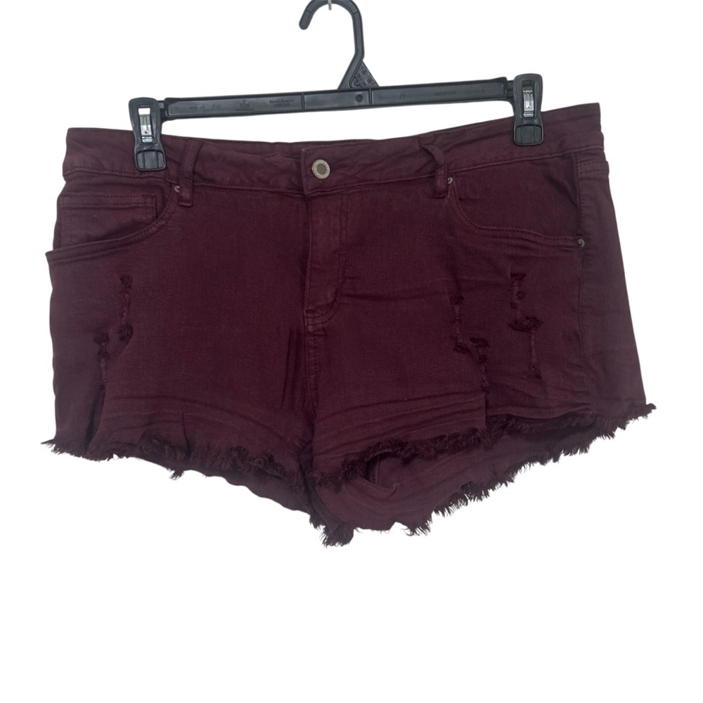 Angel Kiss Women's Burgundy Distressed Raw Hem Denim Shorts